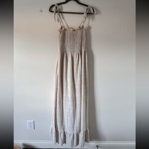 Joelle and Co tan and white maxi dress with tie straps